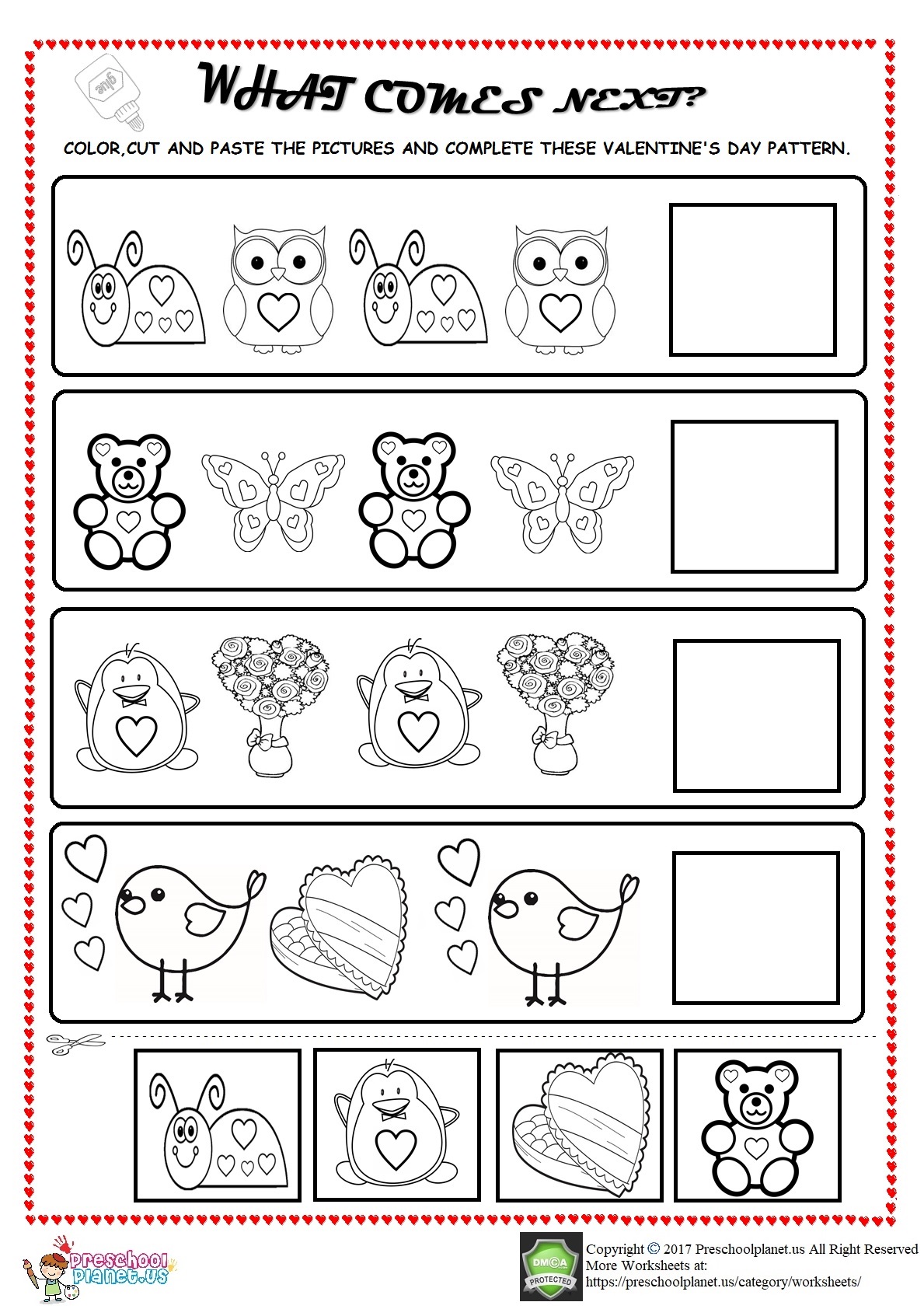 valentine's day pattern worksheet for kids