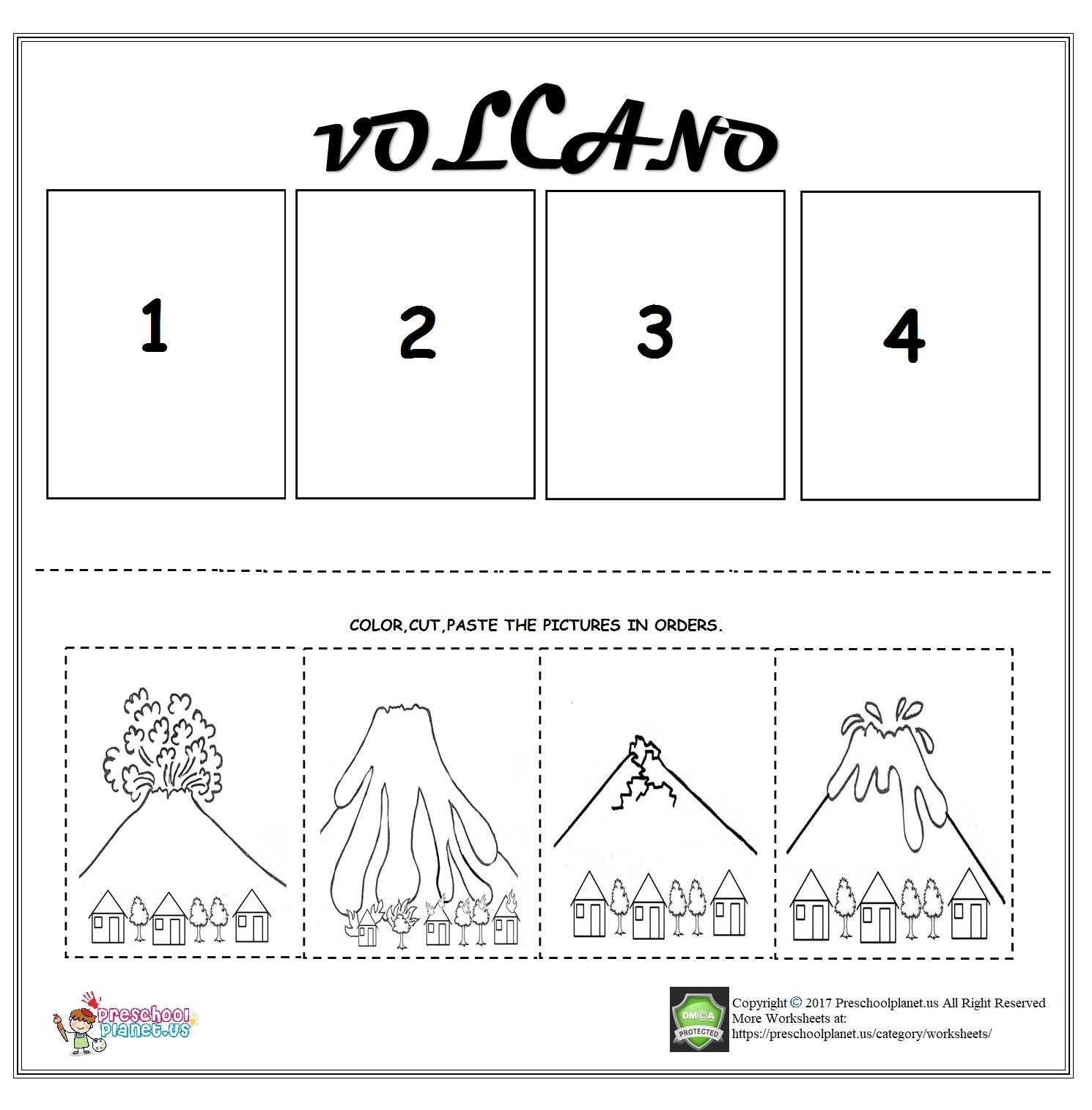 Volcano sequencing worksheet for kids – Preschoolplanet