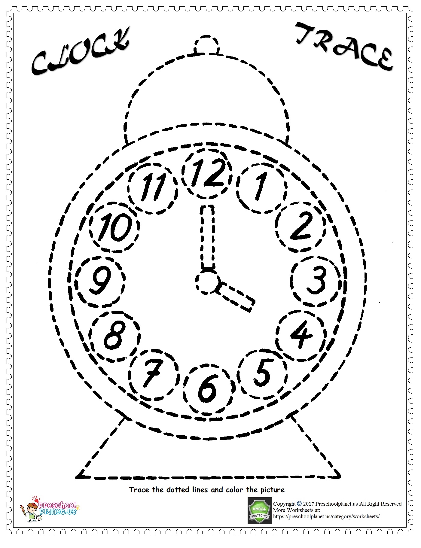 clock trace line worksheet preschoolplanet