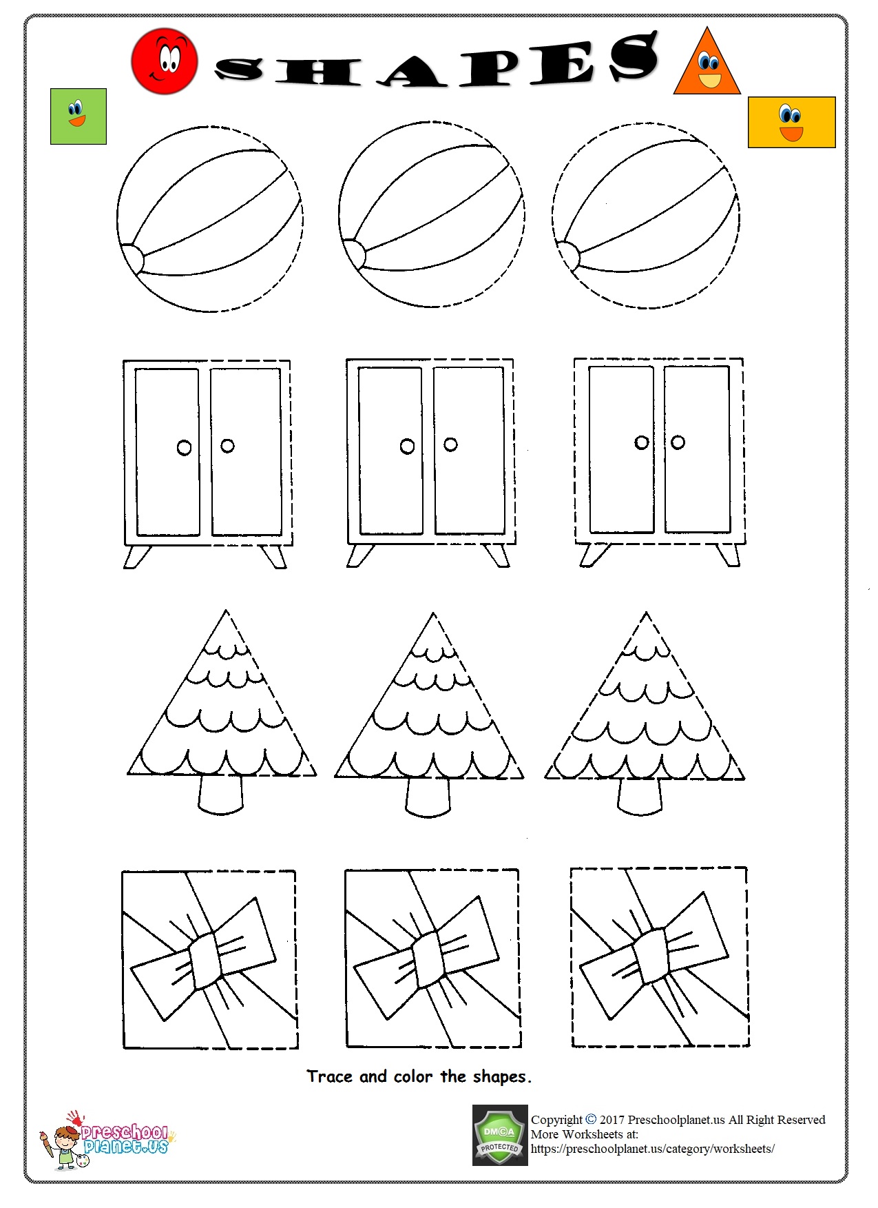 shapes trace worksheet for kids