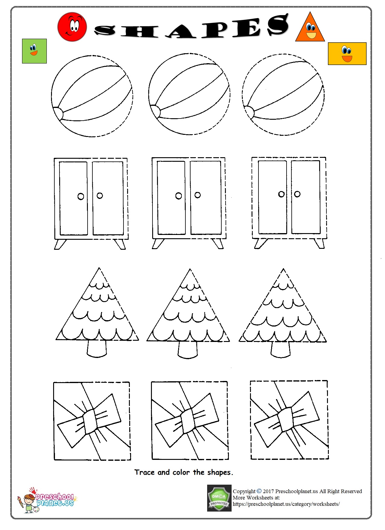 shapes trace worksheet for kids preschoolplanet