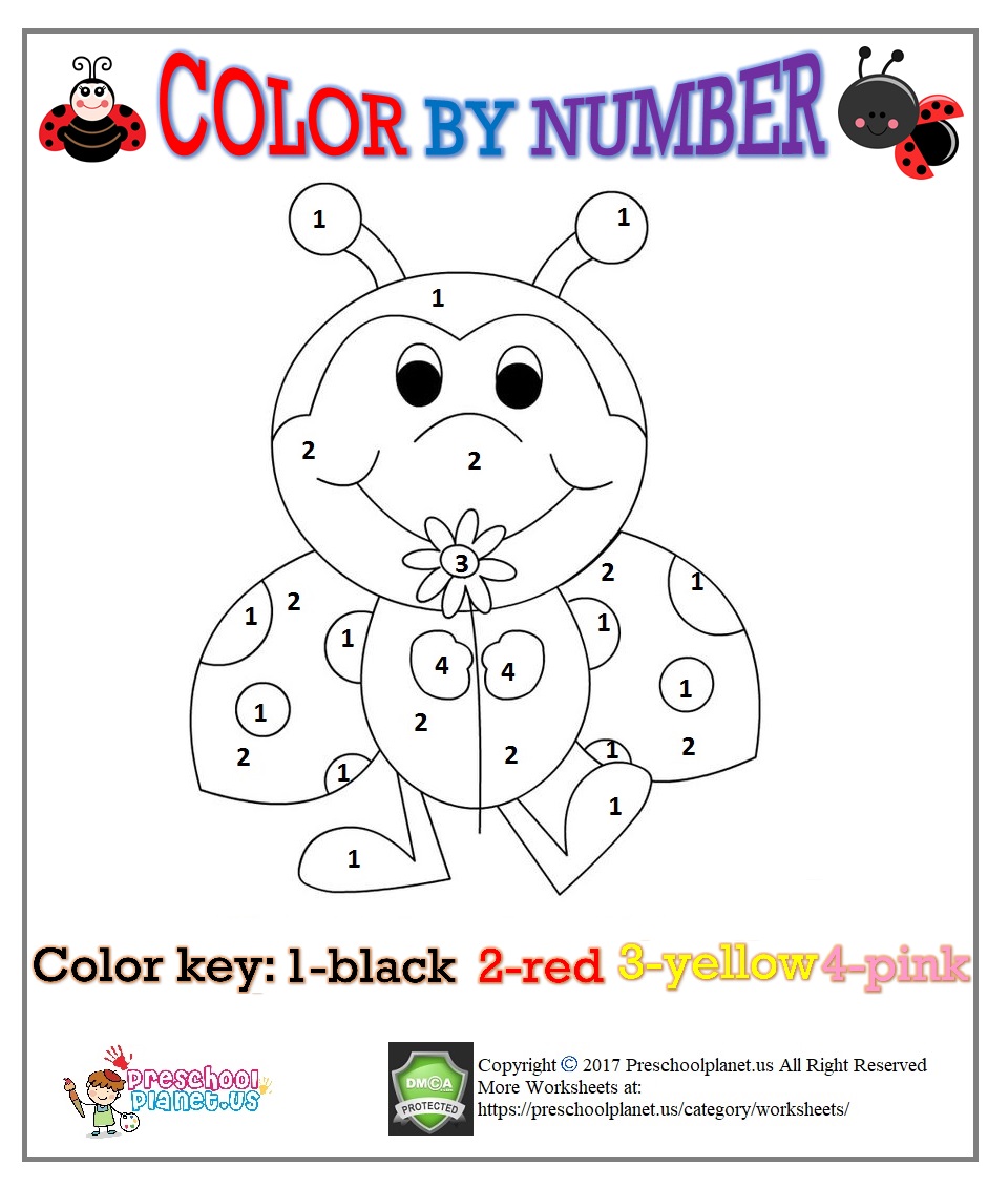 color by number ladybug worksheet for kids