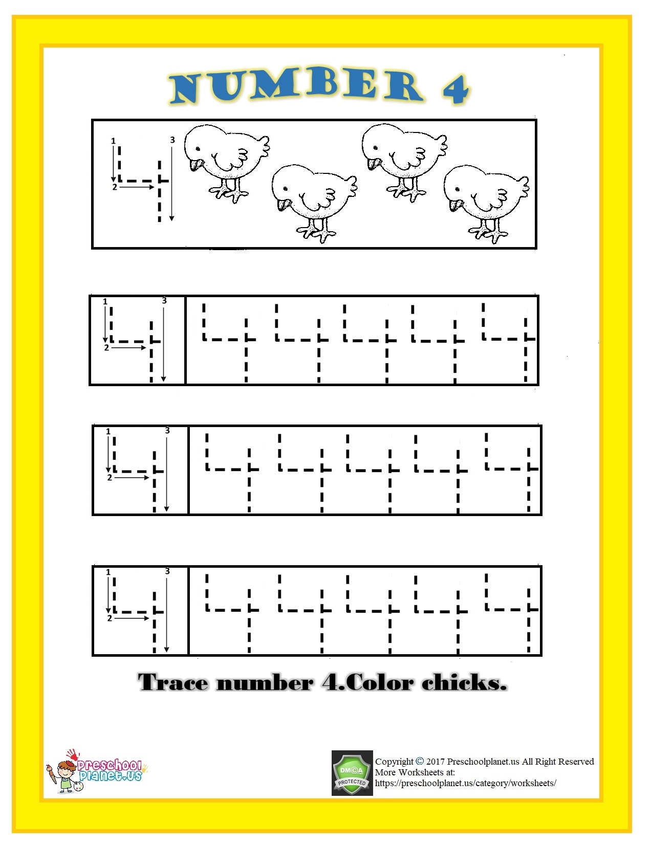 Number 4 Trace Worksheet For Kids Preschoolplanet