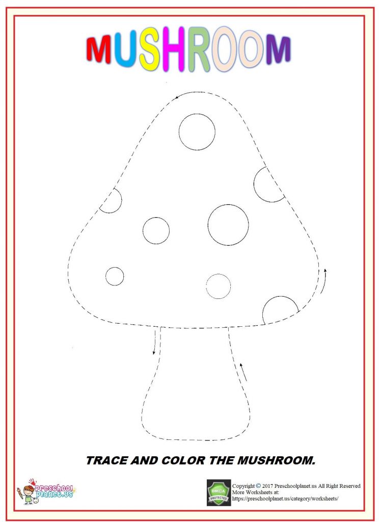 trace and color mushroom worksheet