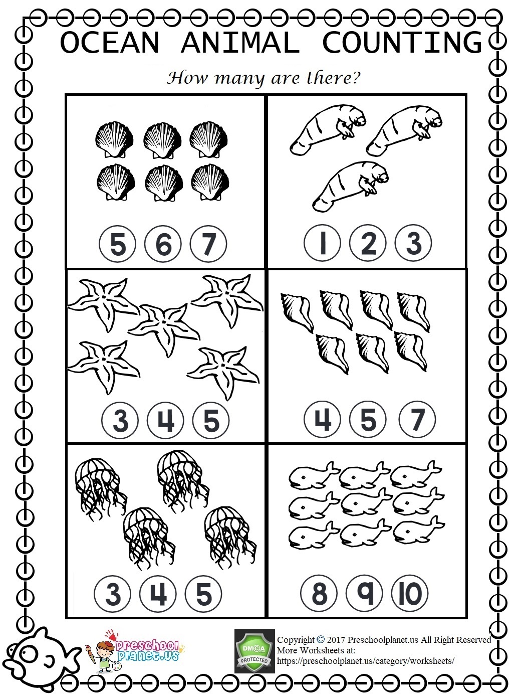 sea animal counting worksheet preschoolplanet