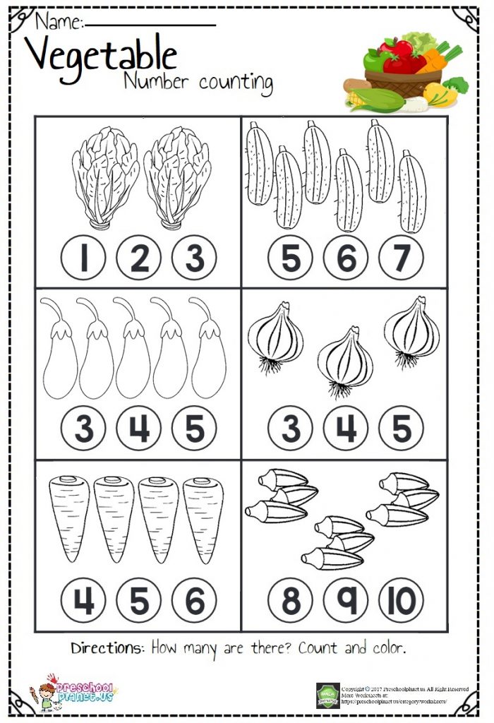 Vegetable Number Count Worksheet - Preschoolplanet
