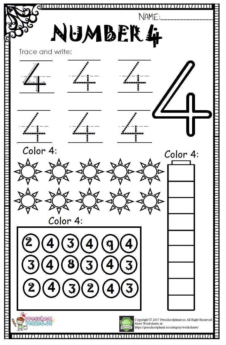 Number 4 Worksheets For Kindergarten Printable Kindergarten Worksheets